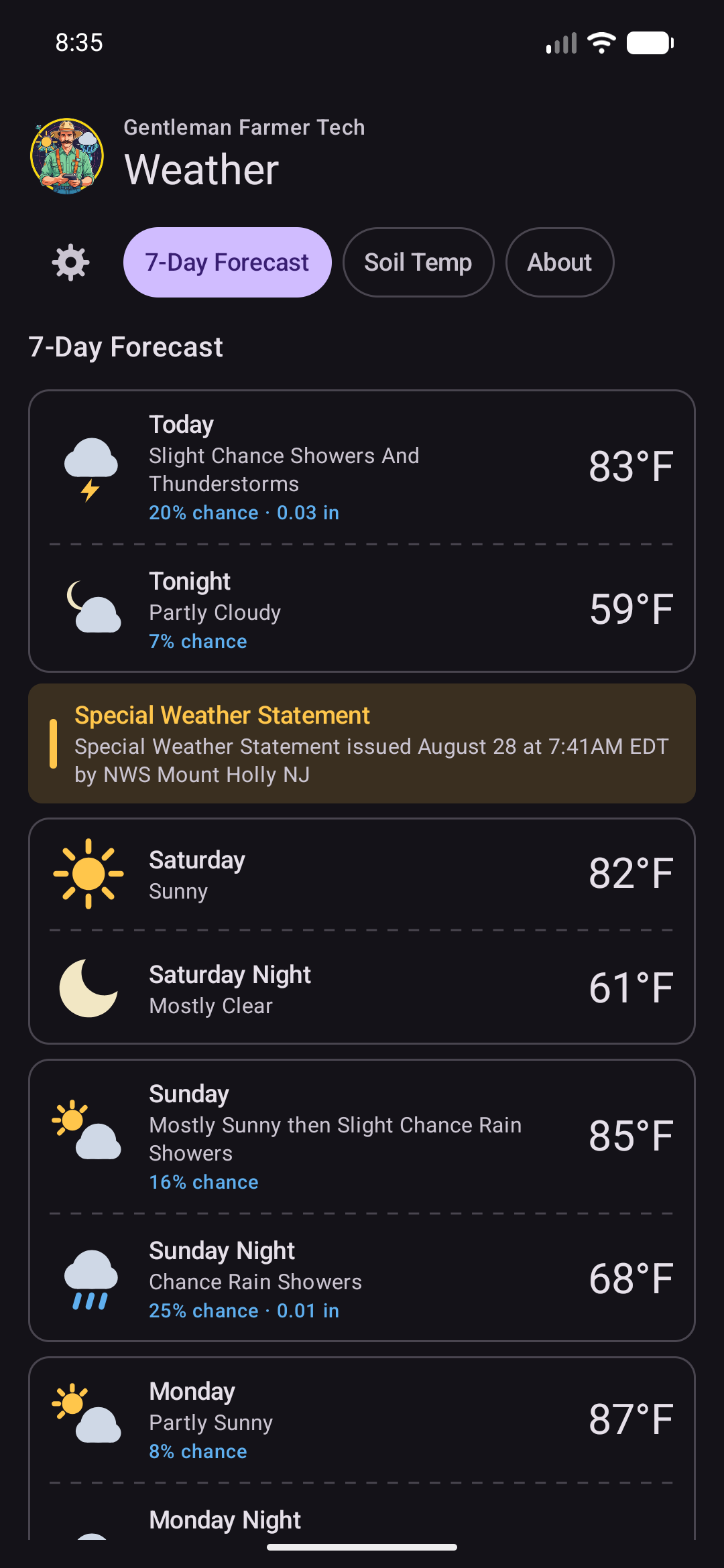 GFT Weather 7-day forecast screen