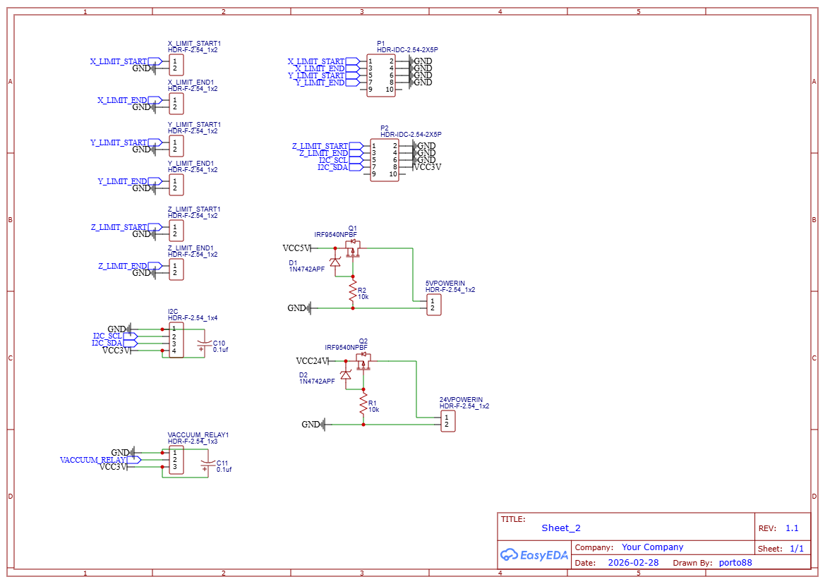 GardenBot v1 schematic - connectors sheet showing limit switches, I2C headers, power inputs, and vacuum relay
